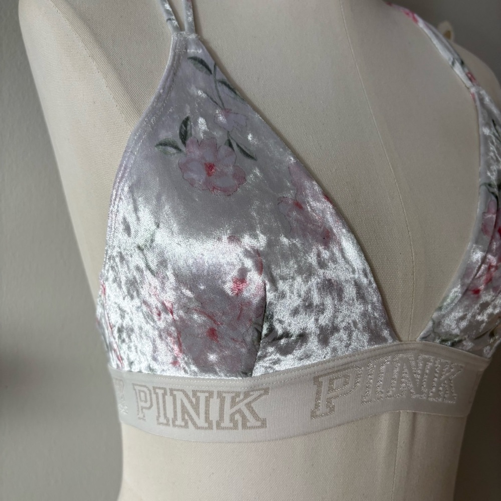 PINK by Victoria’s Secret Velour Floral Racerback Bra XS White Pink - Picture 2 of 10